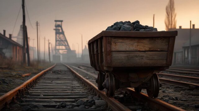 Old wooden mining cart filled with coal on rusty railway track at dusk with industrial buildings and mining tower creating moody atmospheric transportation scene in mining area