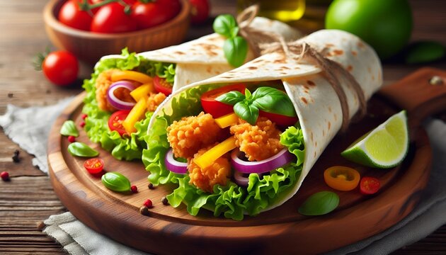 Crispy chicken kati roll on wooden board with vibrant colors and fresh ingredients laid artfully , kati roll, restaurant display. 