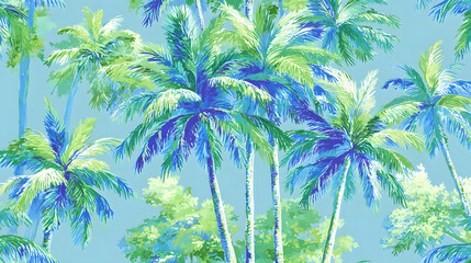 Seamless tropical palm tree pattern in blue and green shades, suitable for fabric prints, wallpapers, and summer-themed digital designs
