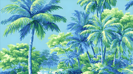 Seamless tropical palm tree pattern in blue and green shades, suitable for fabric prints, wallpapers, and summer-themed digital designs
