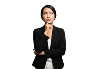 A young Asian businesswoman thinking and looking up, isolated on a transparent background.