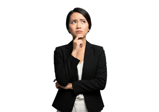  A young Asian businesswoman thinking and looking up, isolated on a transparent background.