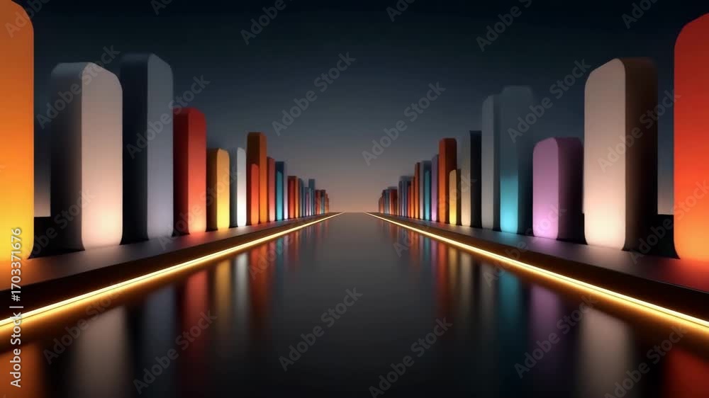 Wall mural colorful illuminated abstract cityscape with glowing buildings reflecting smooth surface creating fu