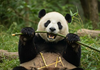 Obraz premium Panda's Bamboo Delight: A Moment of Bliss