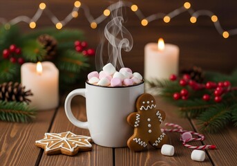 Cozy winter holiday scene with hot chocolate, gingerbread, and festive candles for warm seasonal celebration