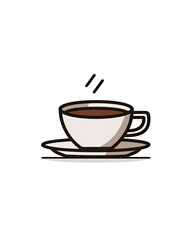 Simple illustration of a coffee cup and saucer.  A  white coffee cup, filled with dark brown coffee, sits atop a white saucer. Steam rises from the coffee