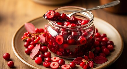Homemade Cranberry Sauce in a Jar with Fresh Berries on a Plate.