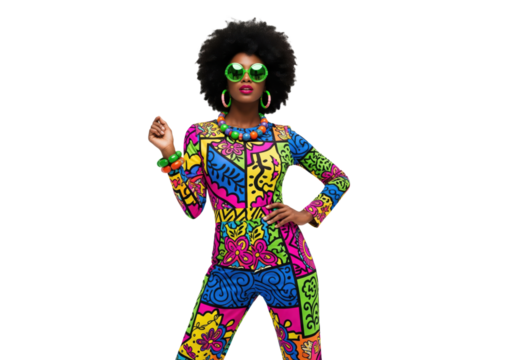 A confident Black woman in a colorful retro jumpsuit and blue sunglasses, isolated on a transparent background.