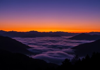 Fototapeta premium Breathtaking mountain travel experience at dawn, witnessing a vibrant twilight sky over a sea of clouds filling the serene valley below, a majestic and peaceful natural panorama