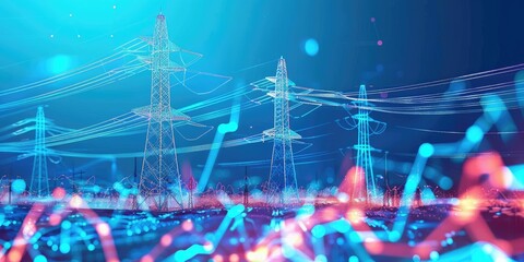 Abstract digital rendering of electricity pylons and power lines against a vibrant blue and pink data visualization backdrop