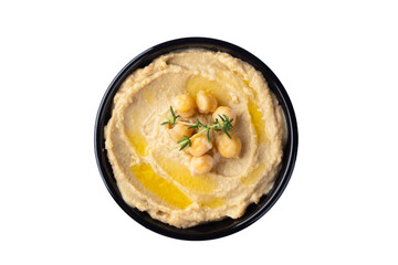 A traditional dish or appetizer hummus or baba ghanoush on white background	
