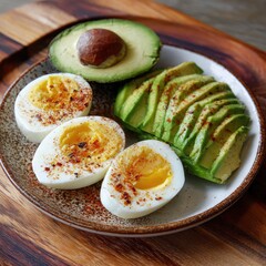 A plate of sliced avocado and halved hard-boiled eggs seasoned with red pepper flakes sits on a wooden board