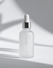 Elegant Clear Glass Dropper Bottle on White Surface with Soft Shadows and Diffused Light