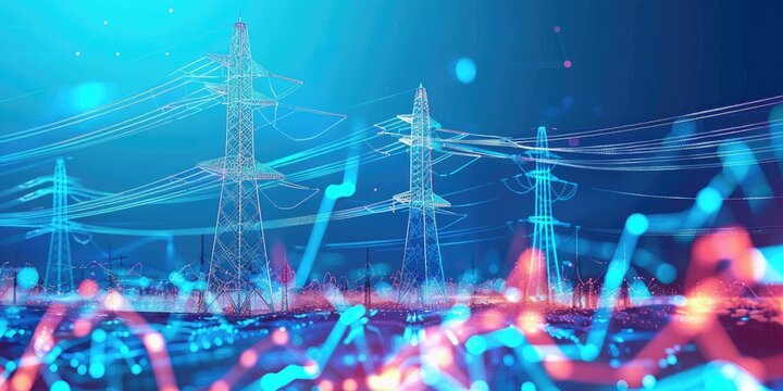 Abstract digital rendering of electricity pylons and power lines against a vibrant blue and pink data visualization backdrop - Powered by Adobe