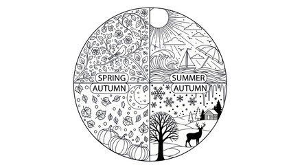Seasonal journey round line art depicting spring summer autumn and winter nature motifs