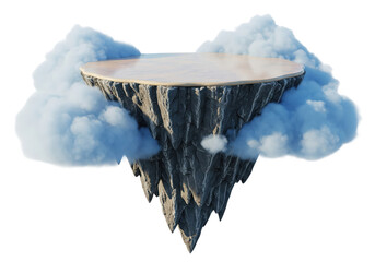  3D render of a floating rock island with a flat top and clouds, isolated on a transparent background.