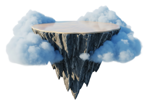  3D render of a floating rock island with a flat top and clouds, isolated on a transparent background. - Powered by Adobe