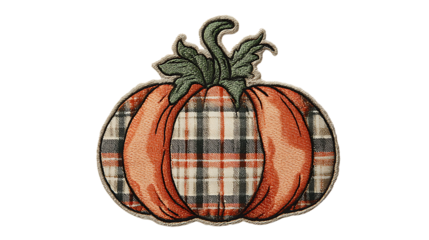 Orange buffalo plaid pumpkin embroidery applique isolated on transparent background