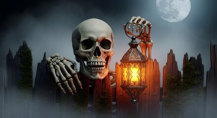 Spooky halloween night scene with skeleton holding lantern behind wooden fence under full moon