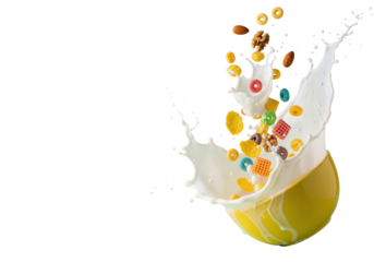 A dynamic splash of colorful breakfast cereal and milk from a green bowl, isolated on a transparent background.