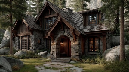 Charming rustic stone and wood cabin in forest, two-story woodland house with warm lights, cozy retreat surrounded by nature