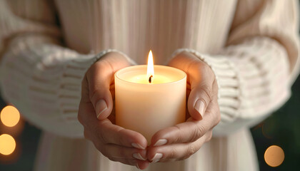 A person holds a lit candle with both hands indoors. Soft focus background.