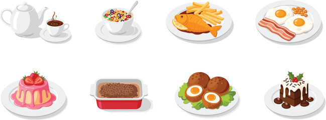 Variety of delicious food and dessert dishes including breakfast, lunch, and festive treats, colorful vector illustration for culinary, restaurant, and menu design elements