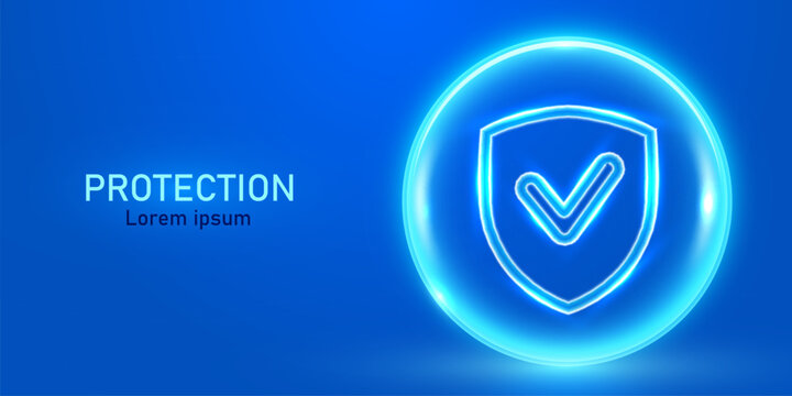 3D transparent sphere protection shield with neon glowing elements. Power energy barrier, force field, protection or defend concept.