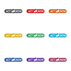 Megaphone with act now  icon isolated on white background. Set icons colorful