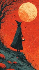 Witch Under a Full Moon on Halloween Night