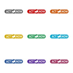 Megaphone with act now  icon isolated on white background. Set icons colorful