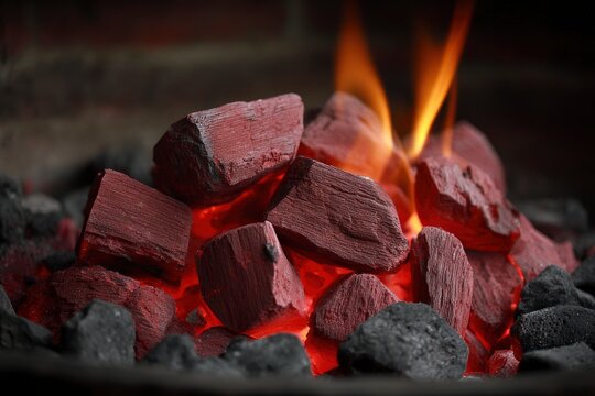 Hot coals glow red among black ones fire flickering above in a dark setting