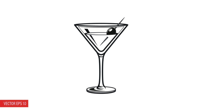 Elegant line drawing of a martini glass with a cherry isolated on a white background