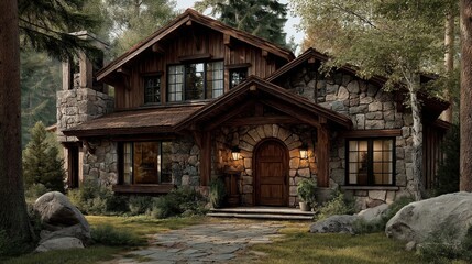 Rustic stone and wood cabin in forest, cozy two-story woodland house with warm lights, natural charm and peaceful atmosphere