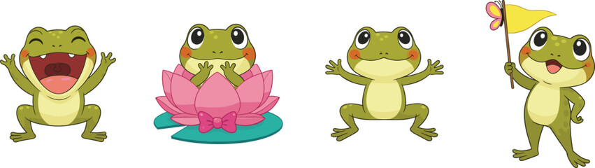 Cute cartoon frog characters in various poses, holding flag, sitting on lotus and lily pad, joyful expressions, playful amphibian vector illustration design