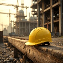 Bright yellow safety helmet construction site protective gear industrial equipment sunlight workplace safety hard hat engineering occupational health secure environment