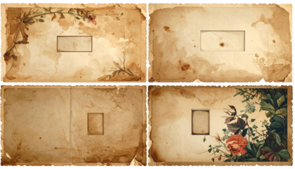 Four-panel antique photo album page spread, showing aged, tan paper with faded floral and botanical illustrations.  Empty photo slots are visible