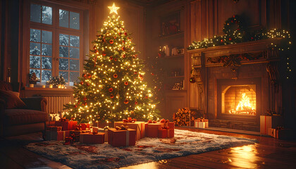 A decorated christmas tree and fireplace illuminate a cozy indoor scene.