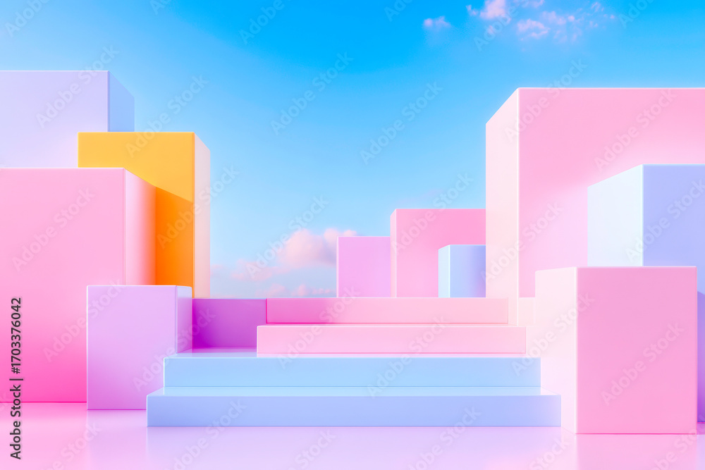 Poster a dynamic abstract geometric composition with a creative arrangement of shapes in a vibrant color pa