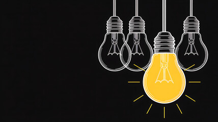 One glowing lightbulb among many unlit ones on a dark background idea illumination