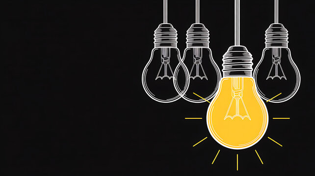 One glowing lightbulb among many unlit ones on a dark background idea illumination