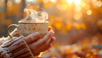 Hands holding a steaming mug against a blurred autumn foliage background.