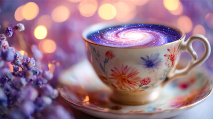 Fototapeta premium Surreal cosmic galaxy swirling inside a delicate floral teacup with a glowing bokeh background