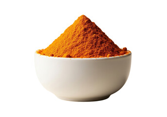 A pile of bright yellow turmeric powder in a blue bowl, isolated on a transparent background