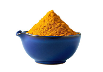 A pile of bright yellow turmeric powder in a blue bowl, isolated on a transparent background
