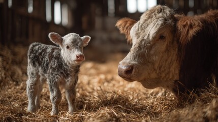 Fototapeta premium Adorable Calf Standing Next to Its Mother in a Barn Setting