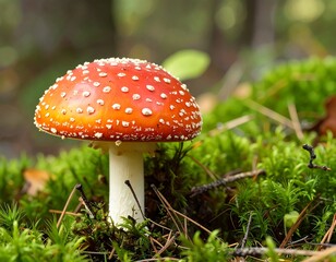Close-up of a vibrant red mushroom in moss
