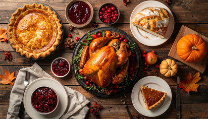 Thanksgiving feast featuring turkey pies and various side dishes on a wooden table.