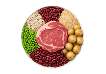 Raw beef steak on a plate with various healthy ingredients, isolated on a transparent background.

