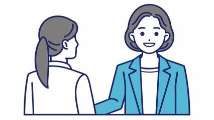 Two women interacting with one smiling wearing a blue jacket woman interaction